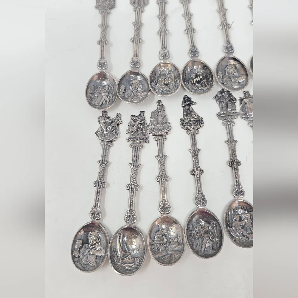 Vtg Holland Dutch demitasse mini spoons stamped novelty ornate figural set of 12